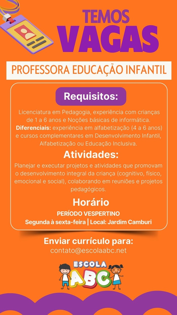 Escola ABC contrata Professor de Educação Infantil