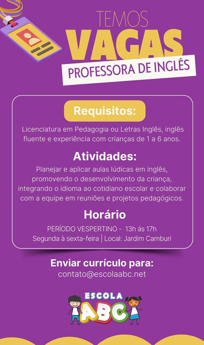 Escola ABC contrata Professor de Inglês