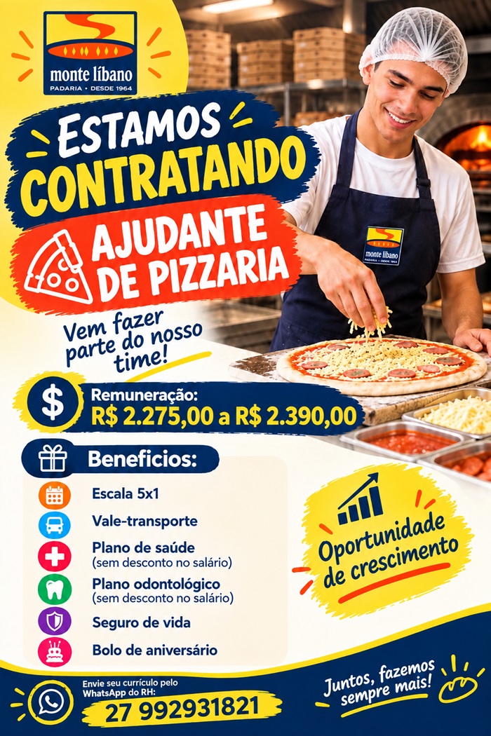 Padaria Monte Libano contrata Ajudante de Pizzaria