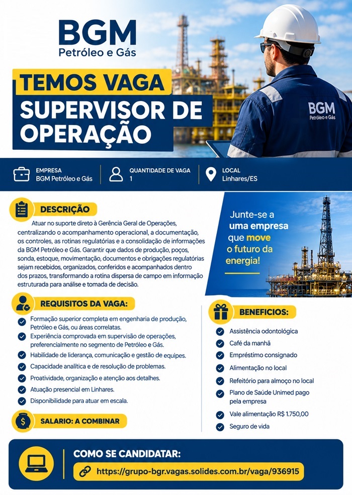 BGM Petróleo e Gás contrata Supervisor de Operação