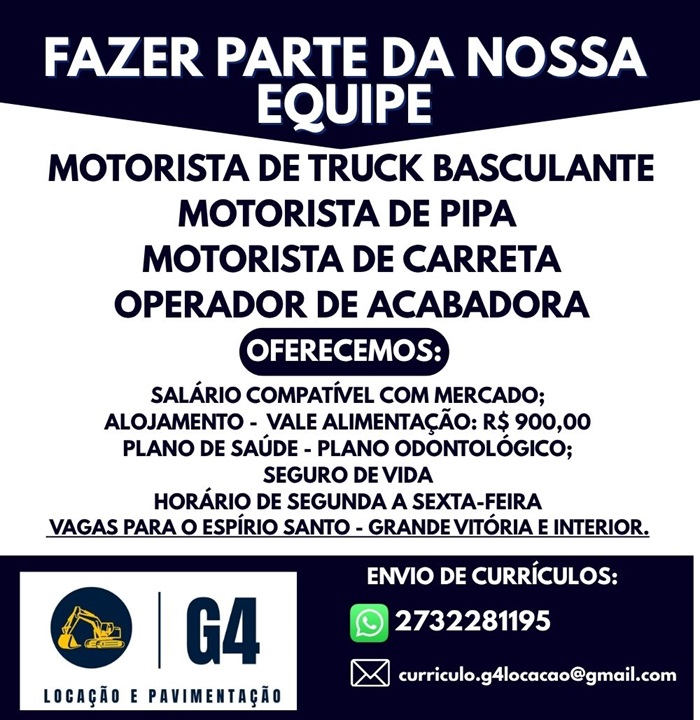 G4 Locação e Pavimentação abre vagas para Motoristas e Operador de Acabadora