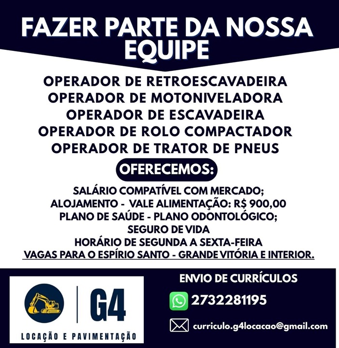 G4 Locação e Pavimentação abre vagas para Operadores de Máquinas