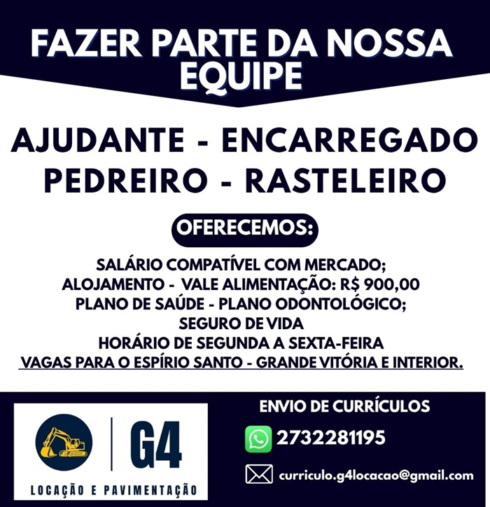 G4 Locação e Pavimentação abre vagas para Ajudante, Encarregado, Pedreiro e Rasteleiro