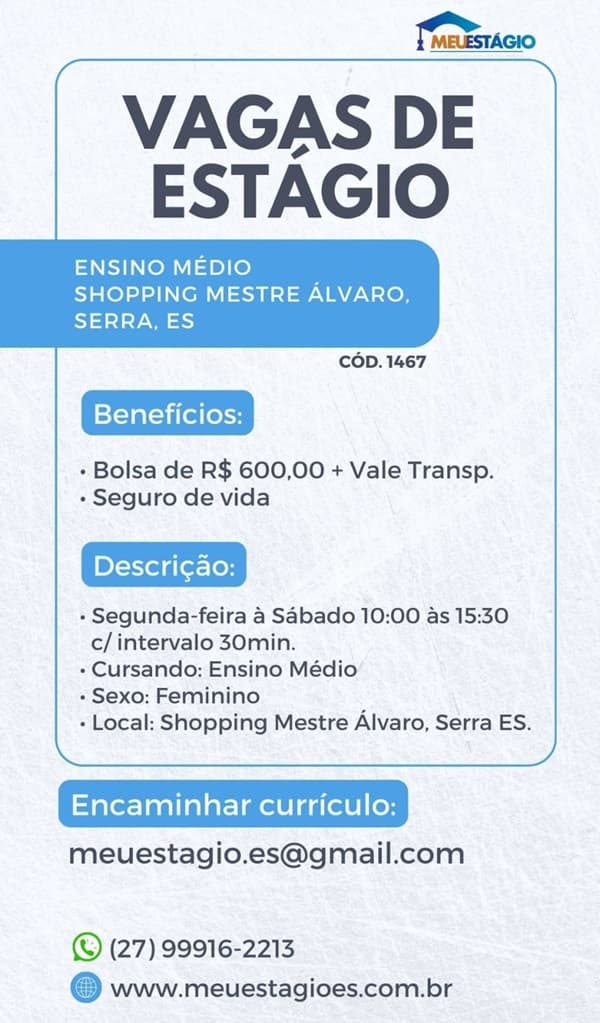 VAGA DE ESTÁGIO ENSINO MÉDIO