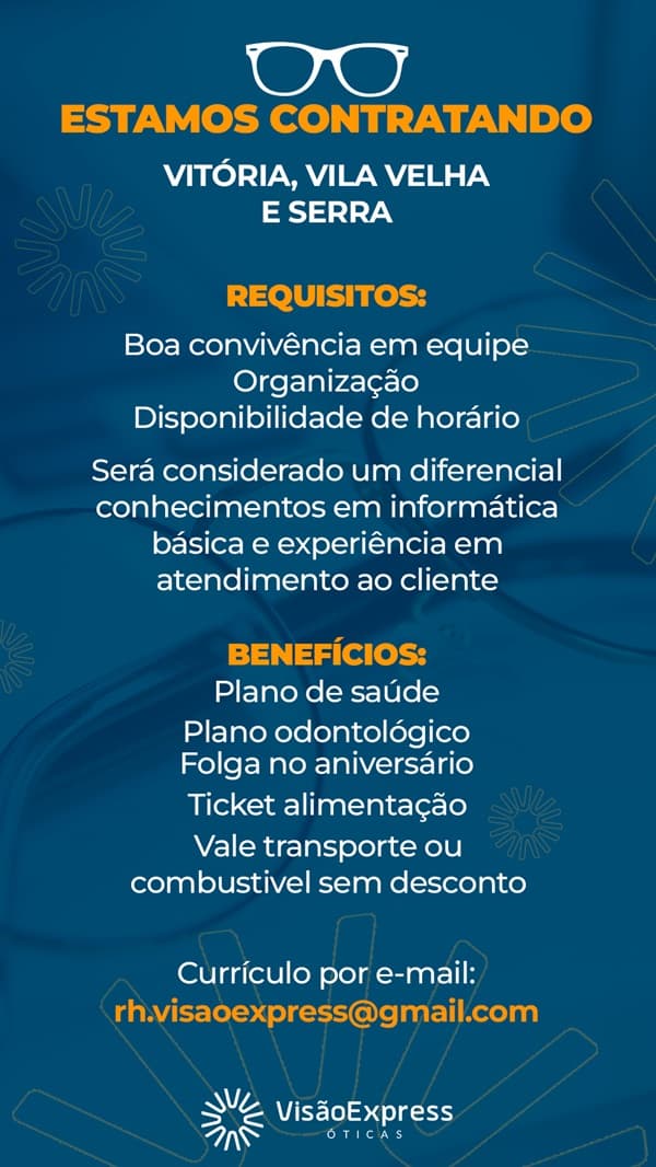 Óticas Visão Express contrata Auxiliar de Vendas