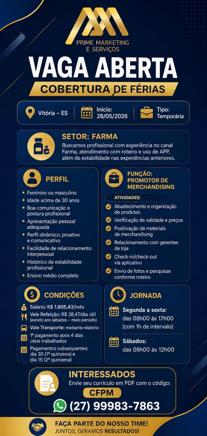 Vaga de Promotor de Merchandising (Setor Farma) – Vitória/ES