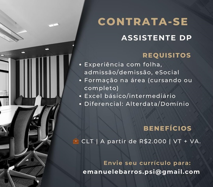 Escritório contábil contrata Assistente de Departamento Pessoal