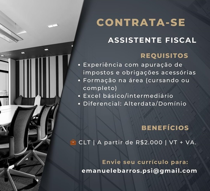 Escritório contábil contrata Assistente Fiscal