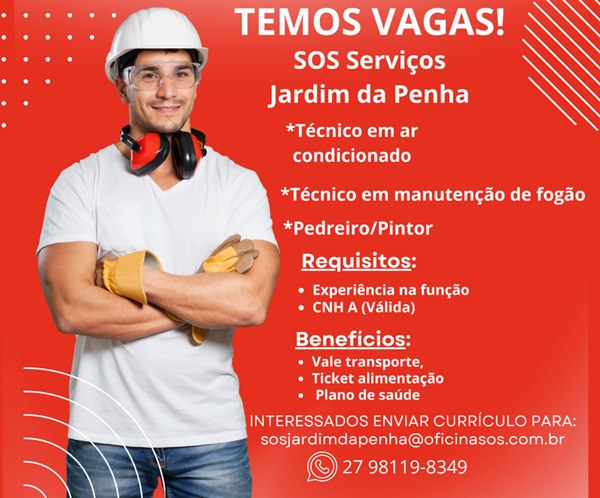 SOS Serviços contrata Técnico em ar condicionado, Técnico em manutenção de fogão e Pedreiro/Pintor
