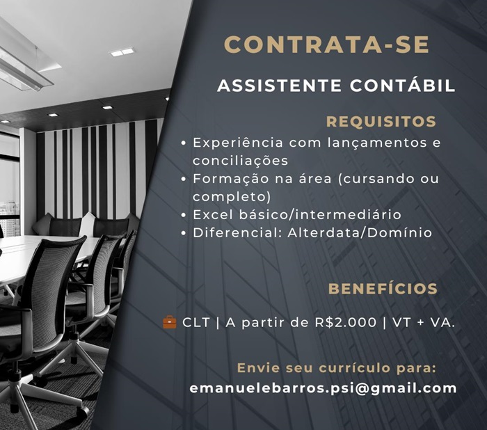 Escritório contábil contrata Assistente Contábil