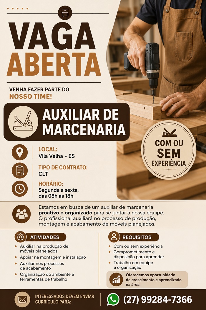 Vaga para Auxiliar de Marcenaria – Vila Velha/ES