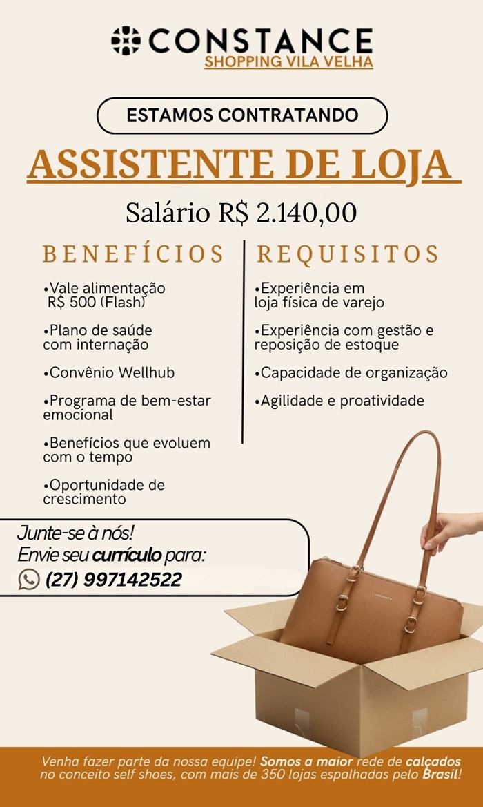 Constance contrata Assistente de Loja (Shopping Vila Velha)