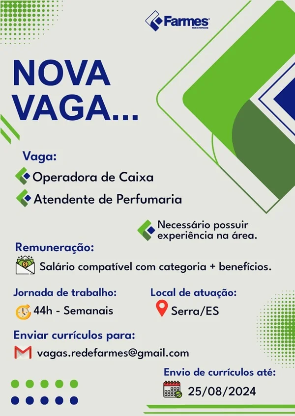 Rede Farmes contrata Operadora de Caixa e Atentende de Perfumaria