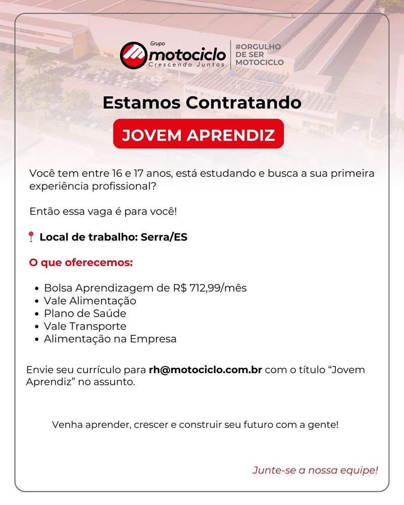 Grupo Motociclo contrata Jovem Aprendiz