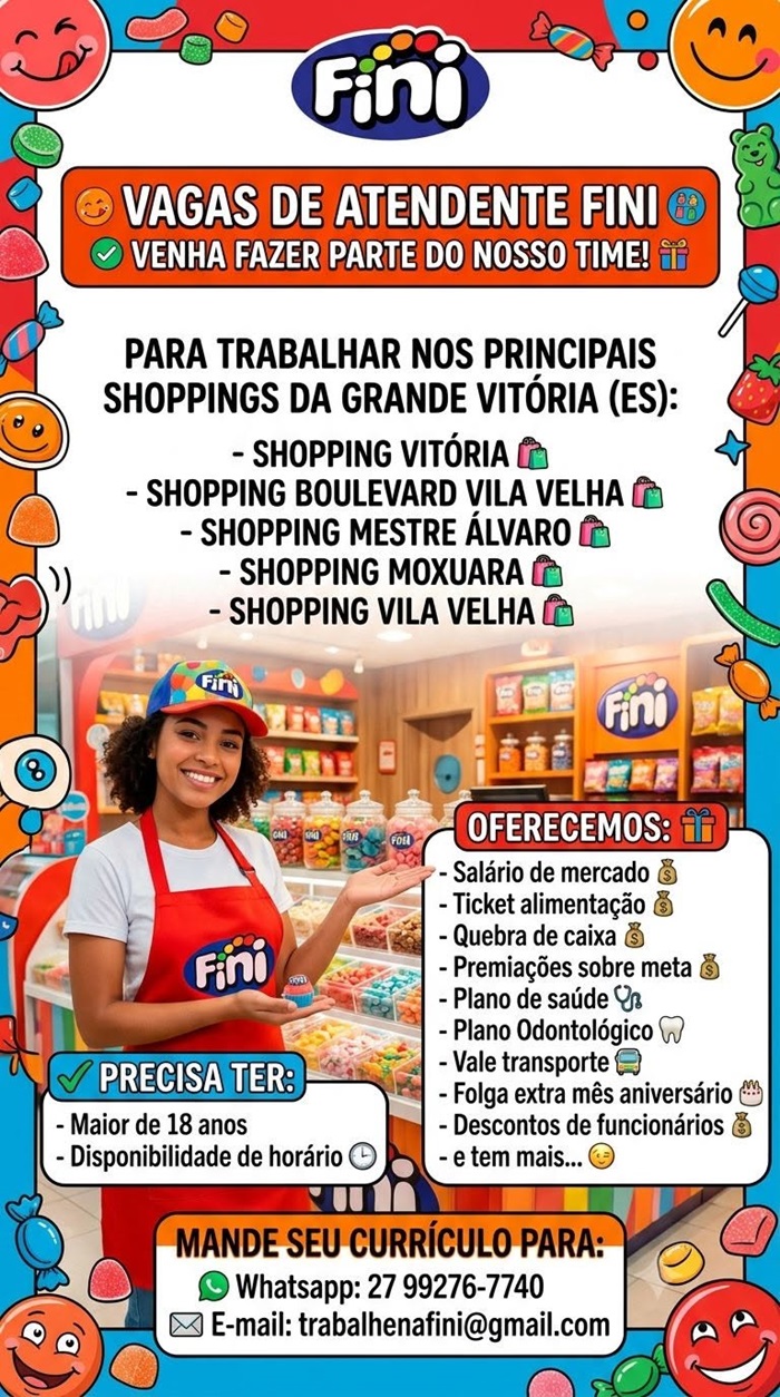 Vagas de Atendente Fini para trabalhar nos principais shoppings da Grande Vitória