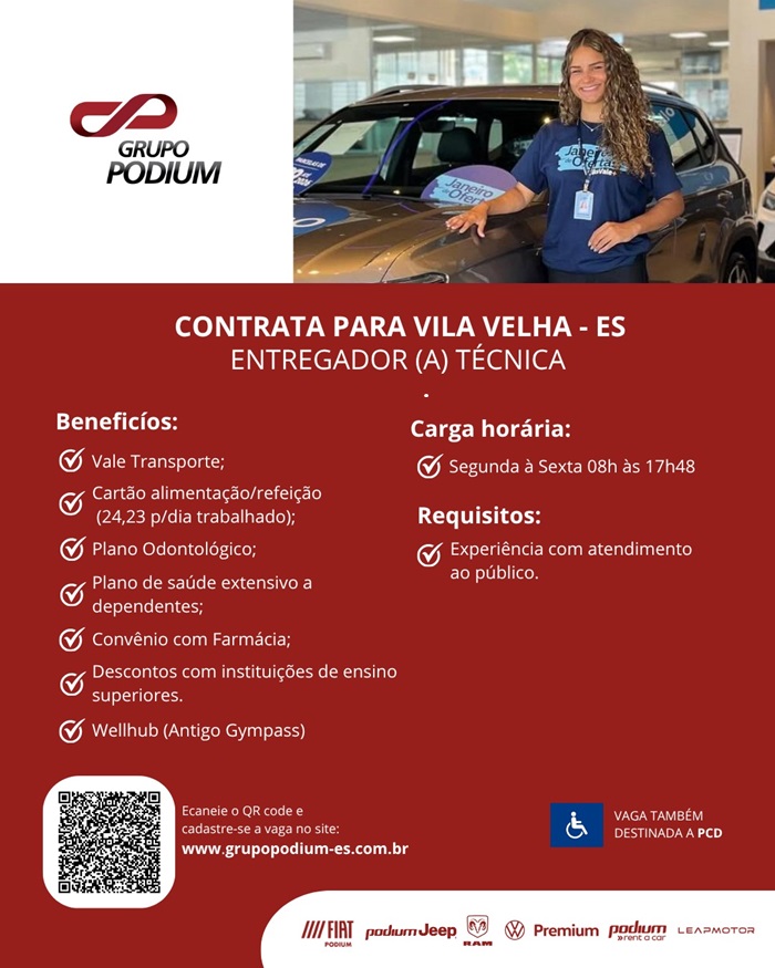 GRUPO PODIUM CONTRATA ENTREGADOR(A) TÉCNICO(A)