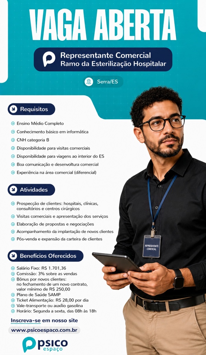 Vaga de Representante Comercial - Ramo da Esterilização Hospitalar