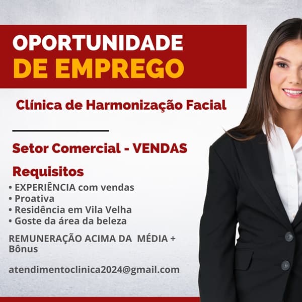 Clínica abre vaga para Setor Comercial - Vendas