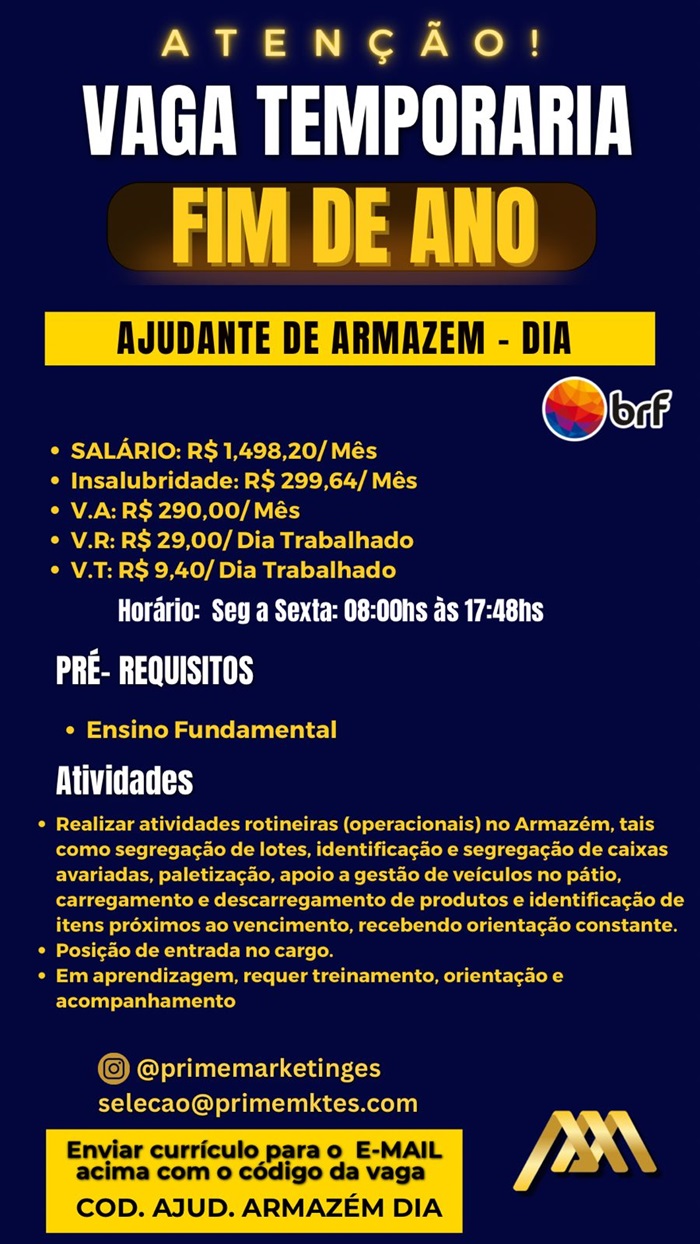 BRF CONTRATA AJUDANTE DE ARMAZÉM - DIA