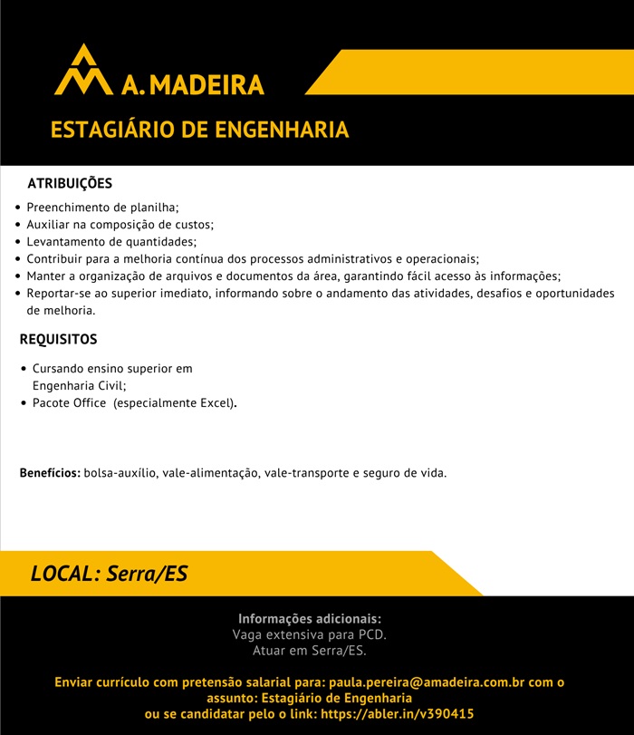 Grupo A. MADEIRA contrata Estagiário de Engenharia