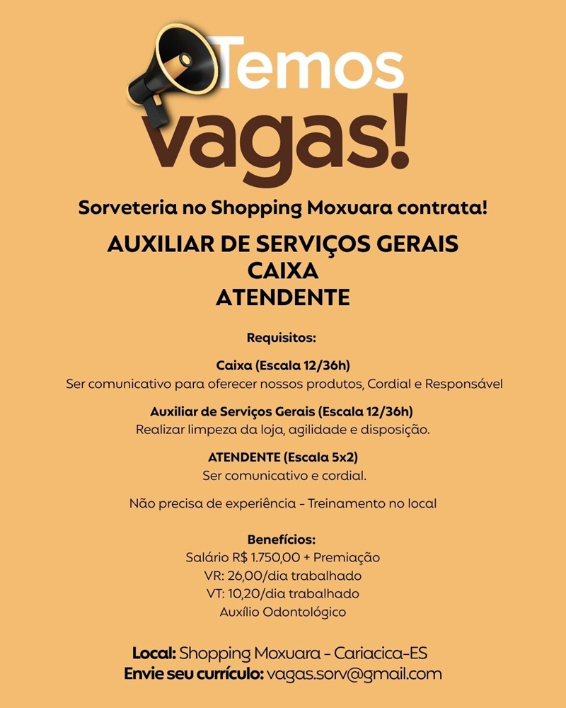 Sorveteria Artesanal contrata Atendentes, Caixa e Auxiliar de Serviços Gerais