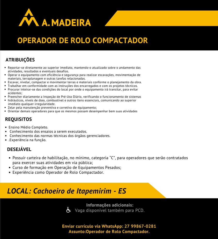 Grupo A. Madeira contrata Operador de Rolo Compactador