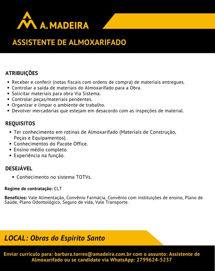 Grupo A. Madeira contrata Assistente de Almoxarifado