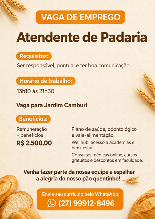 Vaga para Atendente de Padaria | Jardim Camburi