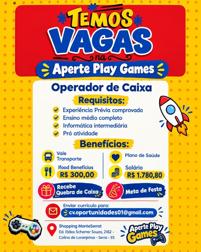 Vaga de Operador de Caixa na Aperte Play Games