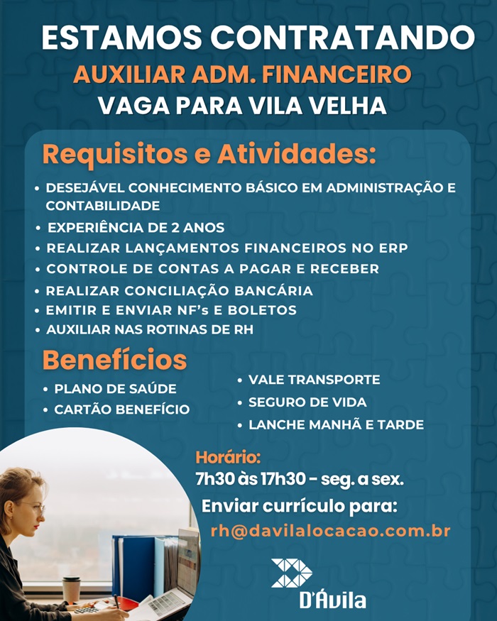 Vaga para Auxiliar Administrativo Financeiro