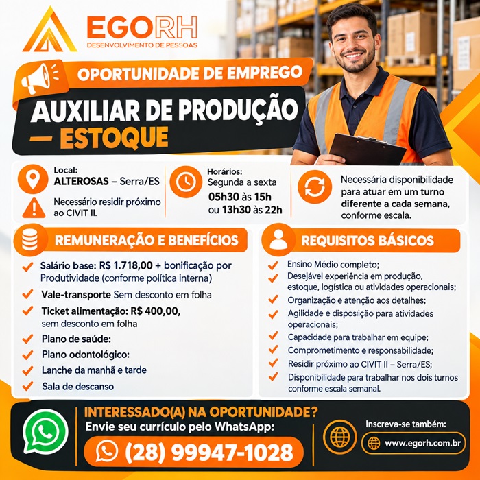 VAGA PARA AUXILIAR DE PRODUÇÃO — ESTOQUE