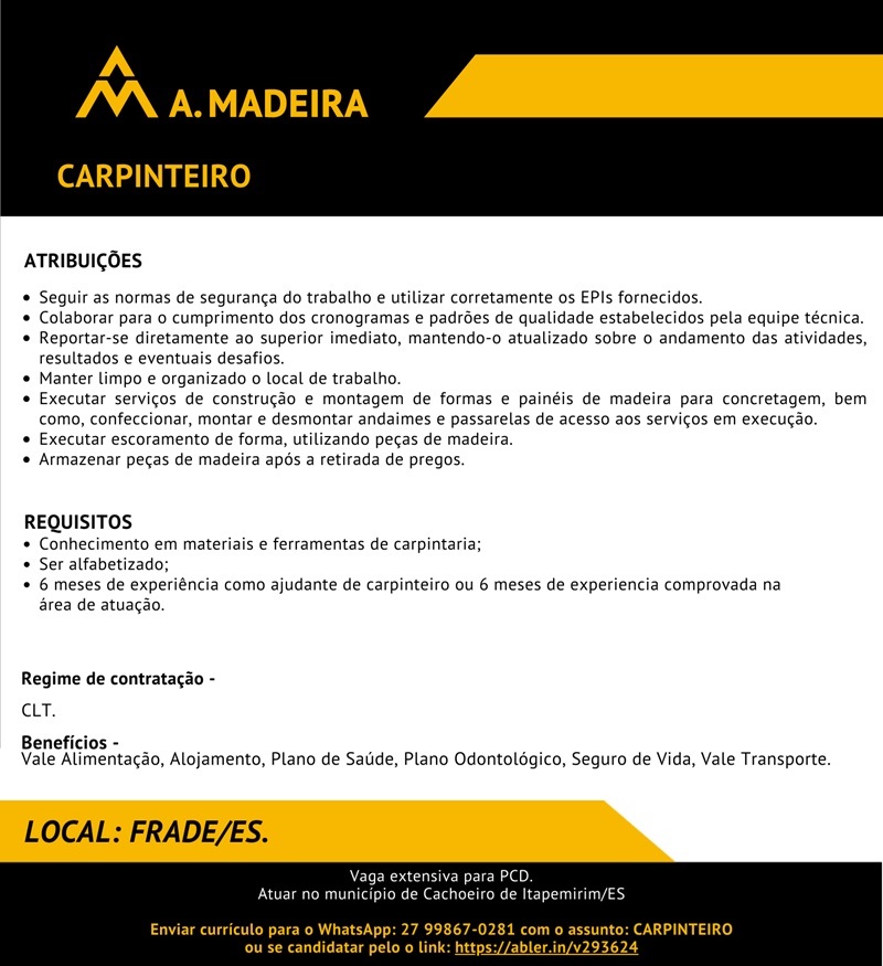 Grupo A. MADEIRA contrata Carpinteiro 