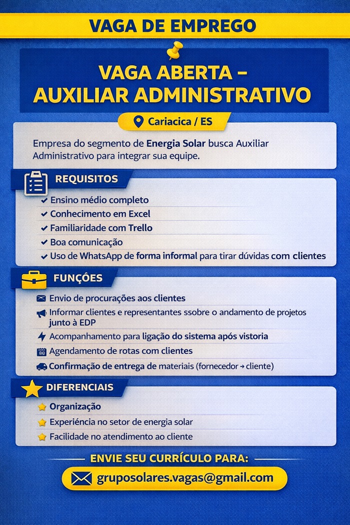 VAGA ABERTA – AUXILIAR ADMINISTRATIVO
