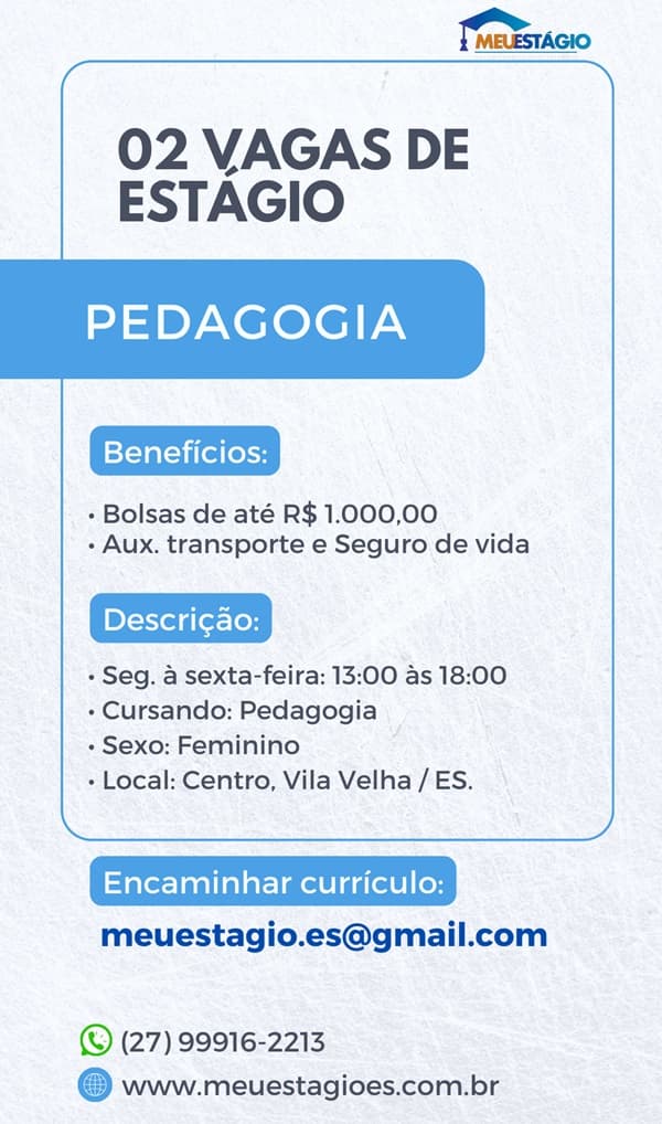 02 VAGAS DE ESTÁGIO EM PEDAGOGIA