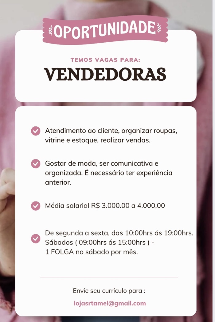 VAGAS PARA VENDEDORAS