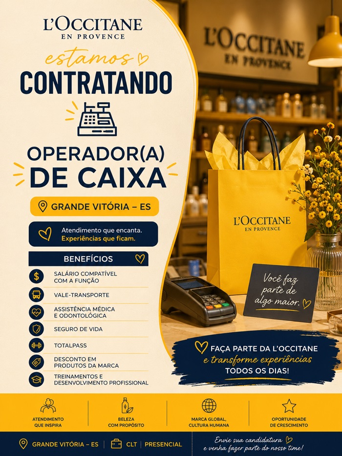 Vaga para Operador(a) de Caixa | L’Occitane | Grande Vitória – ES
