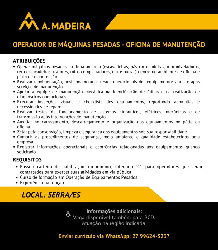 Grupo A. Madeira contrata Operador de Máquinas Pesadas – Oficina de Manutenção