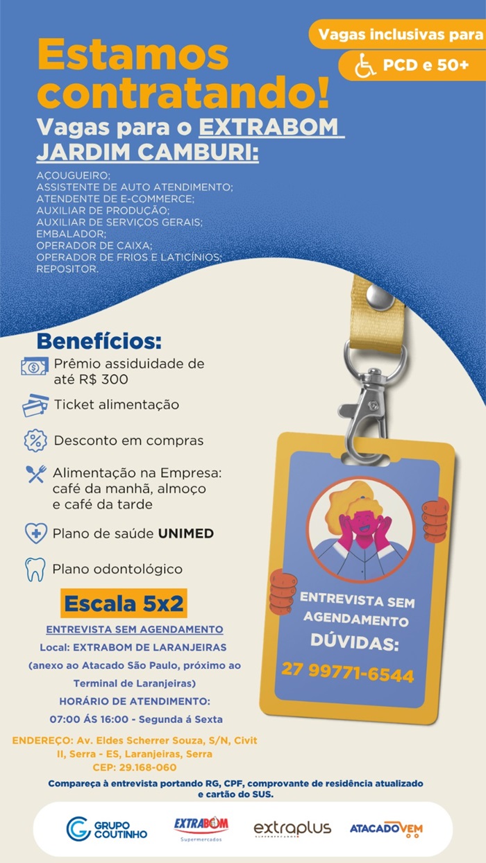 Vagas para o EXTRABOM JARDIM CAMBURI | Vagas inclusivas para PCD e 50+