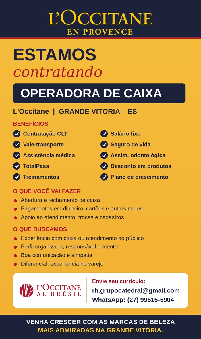 Vaga para Operador(a) de Caixa | L’Occitane | Grande Vitória – ES