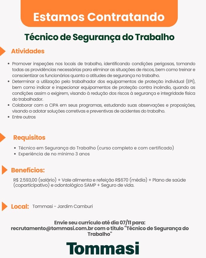 Grupo Tommasi contrata Técnico do Segurança do Trabalho