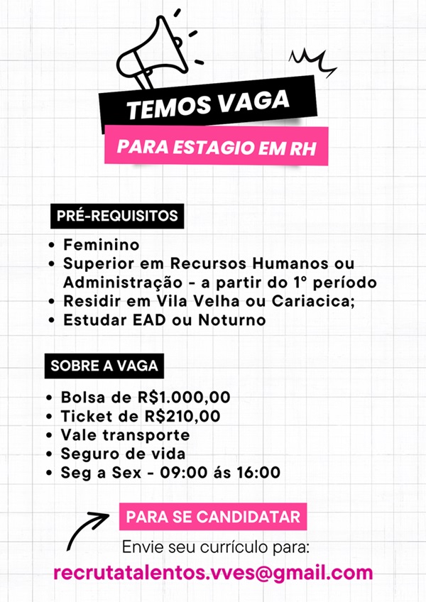 VAGA PARA ESTÁGIO EM RH