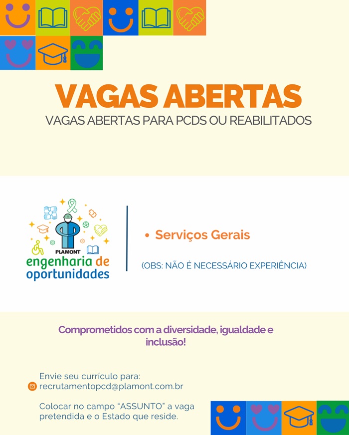 VAGAS PARA PCD OU REABILITADOS DO INSS (AUXILIAR DE SERVIÇOS GERAIS)