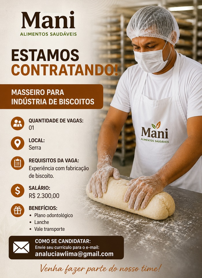 Vaga de Masseiro para Industria de Biscoitos
