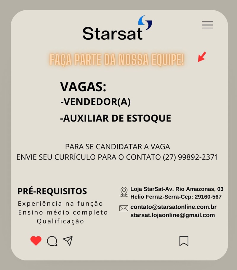 STARSAT ABRE VAGAS DE EMPREGO