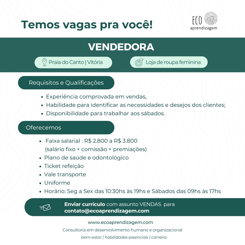 Vaga para Vendedora (roupa feminina - loja de rua) 