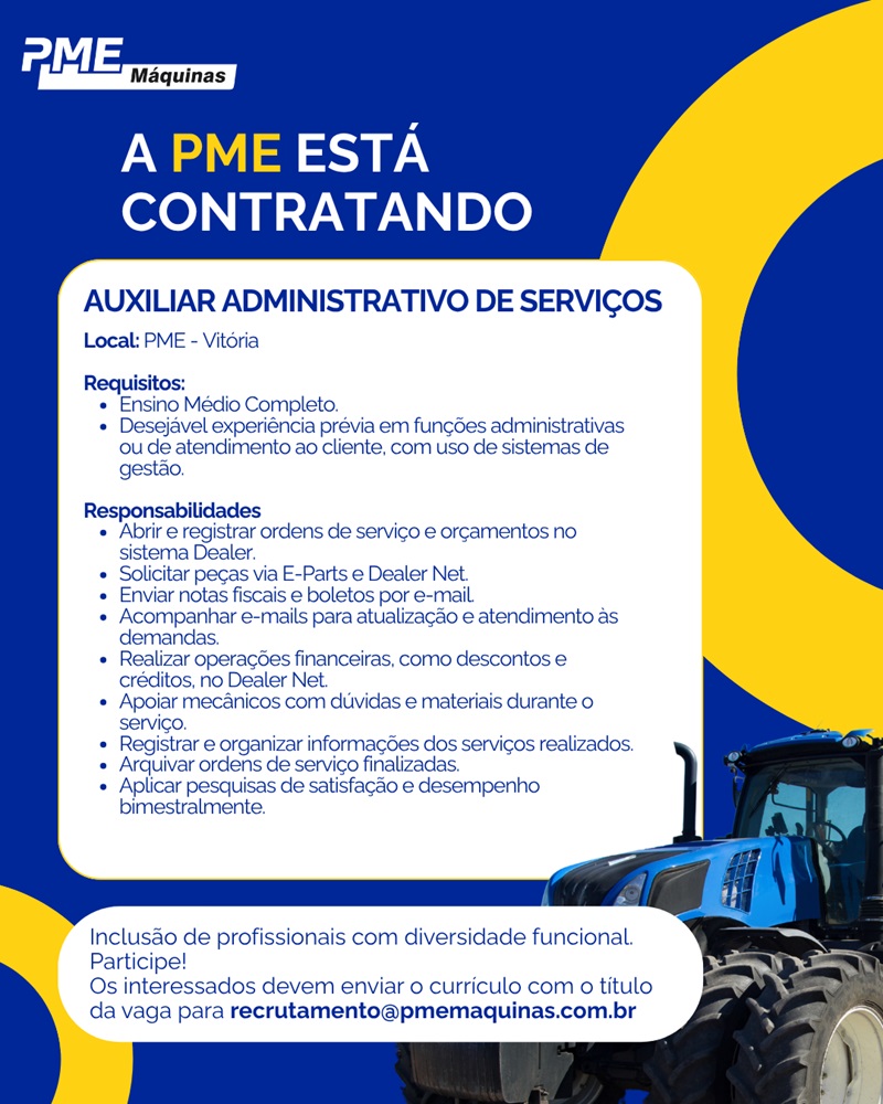 PME Máquinas contrata Auxiliar Administrativo de Serviços