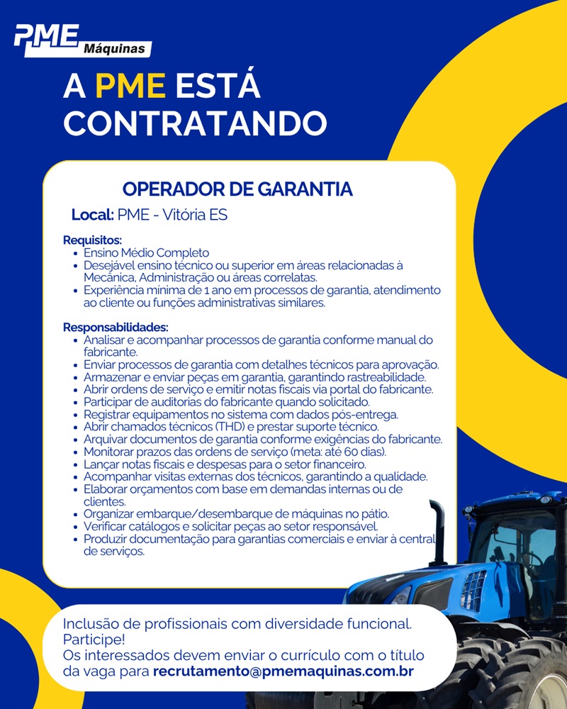 PME Máquinas contrata Operador de Garantia