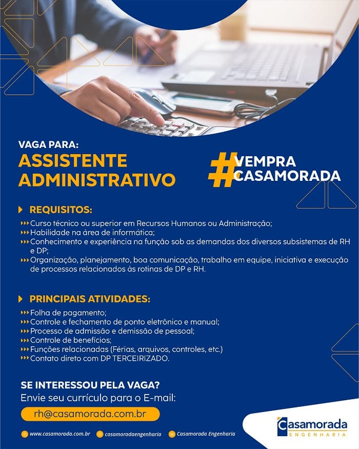 CASAMORADA CONTRATA ASSISTENTE ADMINISTRATIVO