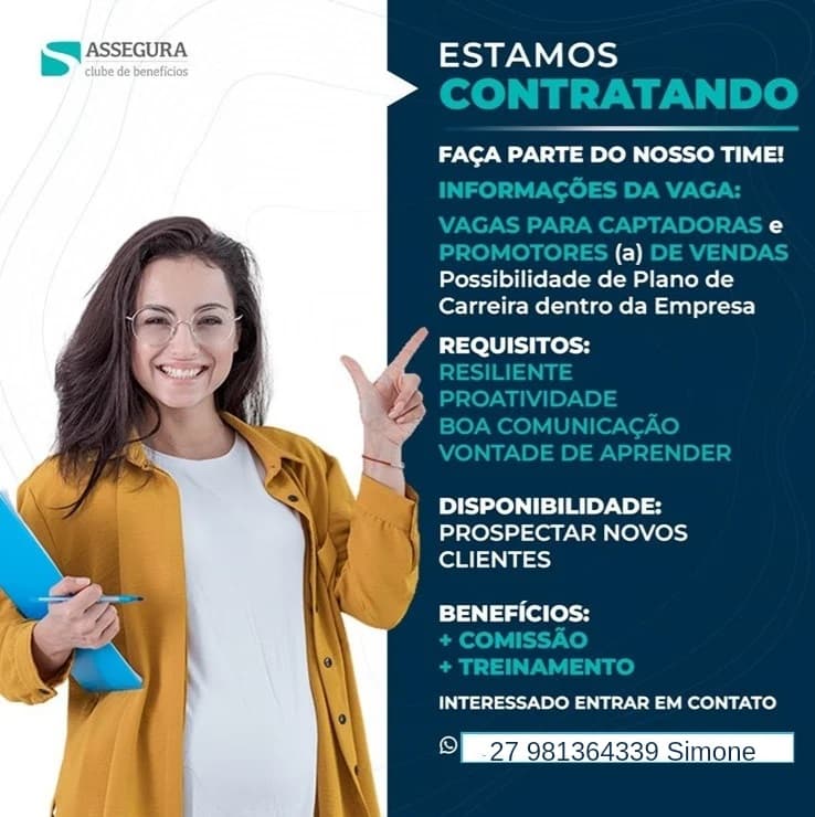 VAGAS PARA CAPTADORAS E PROMOTORAS DE VENDAS