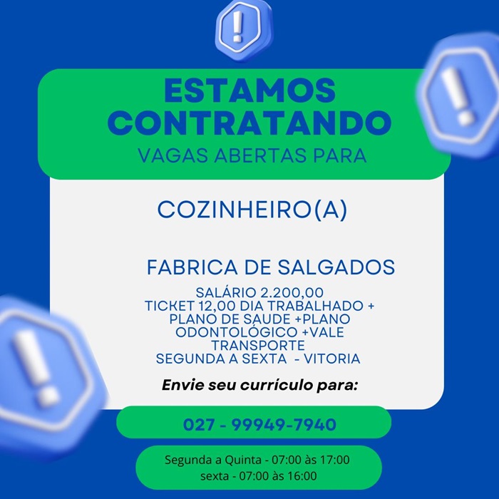 Vaga de Cozinheiro(a) - Fábrica de Salgados (Vitória - ES)